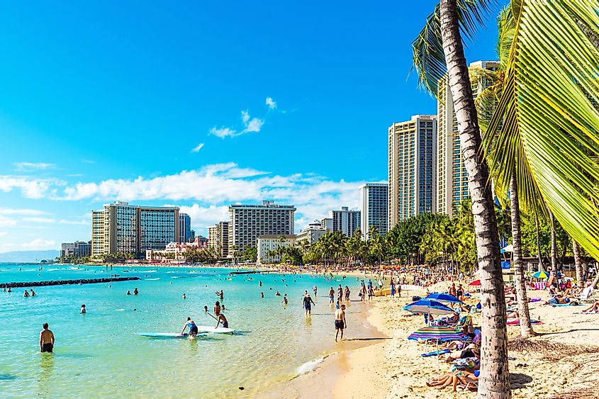 The beautiful Waikiki Beach in Honolulu, Hawaii.