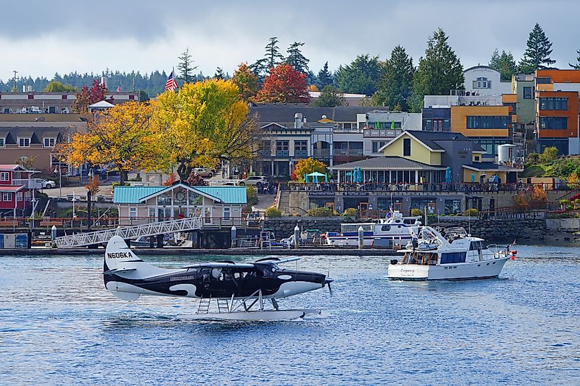 View of a Kenmore Air floatplane painted as an orca on the water in the port of Friday Harbor, San Juan Islands, Washington.