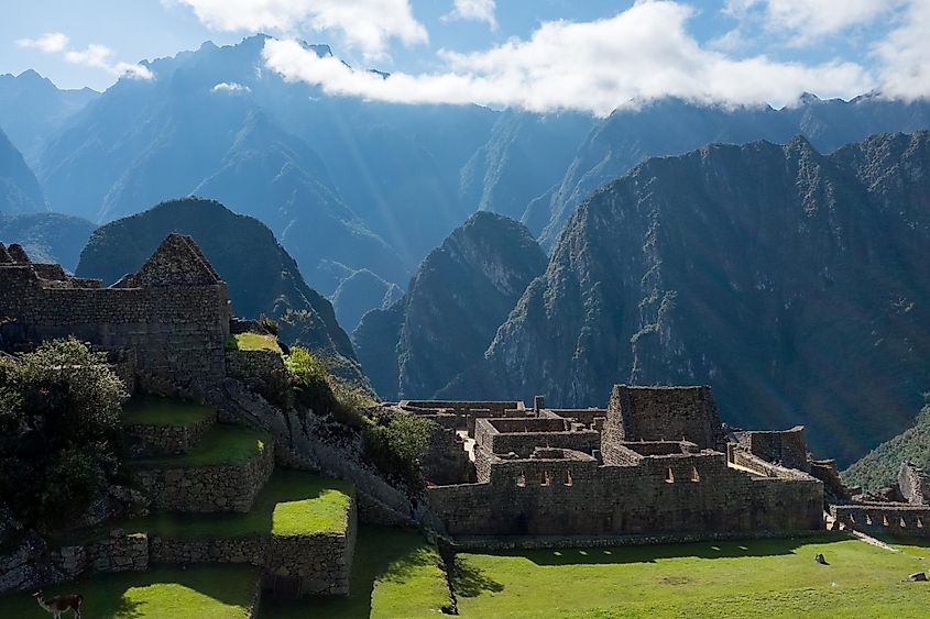 A view from inside the main part of the spectacular complex UNESCO World Heritage site of Machu Picchu, Peru.