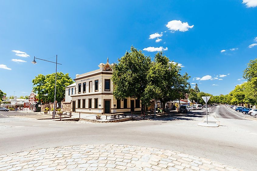 Historic Beechworth town center on a warm summer day in Victoria, Australia