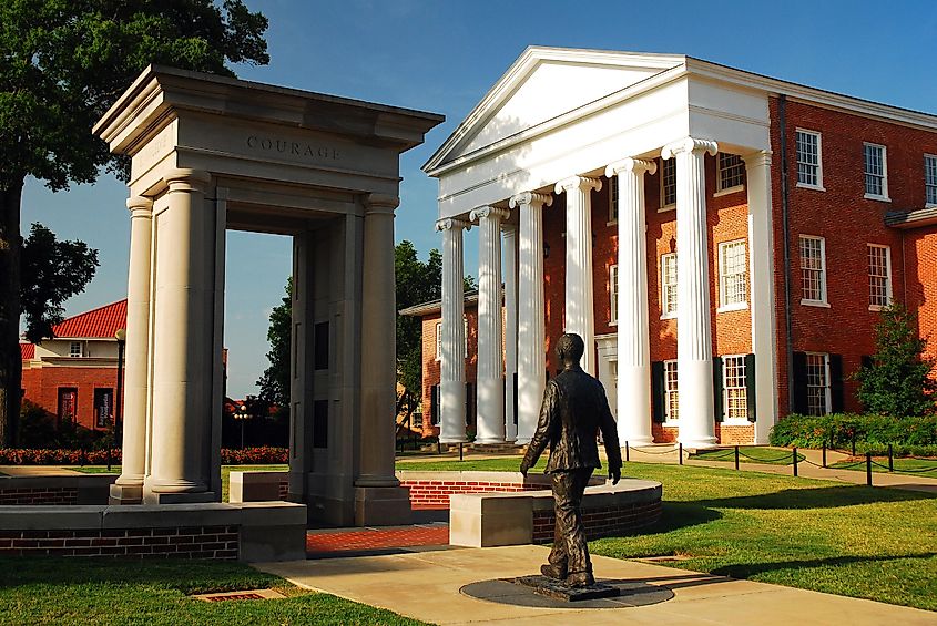 Statue of James Meredith, walking through an open door, honors the first African American to attend the University of Mississippi in Oxford, Mississippi, USA.