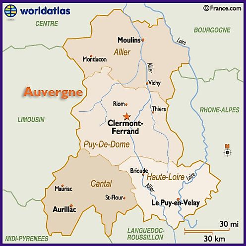 Map Of The Auvergne Region Of France Including Clermont Ferrand 61992