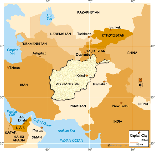 Landlocked Area of Afghanistan/Pakistan Border. The only way to reach this isolated area is to march through some other country.