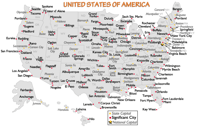 United States Major Cities And Capital Cities Map 5791