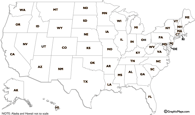 US States Two Letter Abbreviations Map