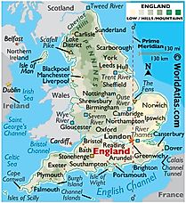 Physical Map of England. It shows the physical features of England, including mountain ranges, important rivers, and major lakes.