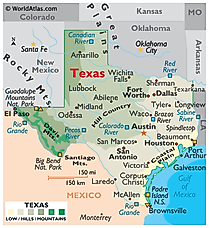 Physical Map of Texas. It shows the physical features of Texas including its mountain ranges and major rivers. 