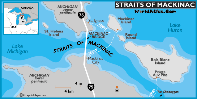 Straits of Mackinac Island Map Ferry and Hotels Travel Information Page