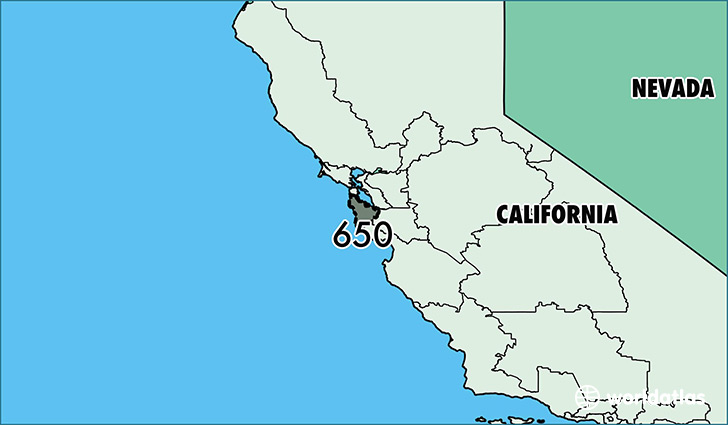 Map of California with area code 650 highlighted