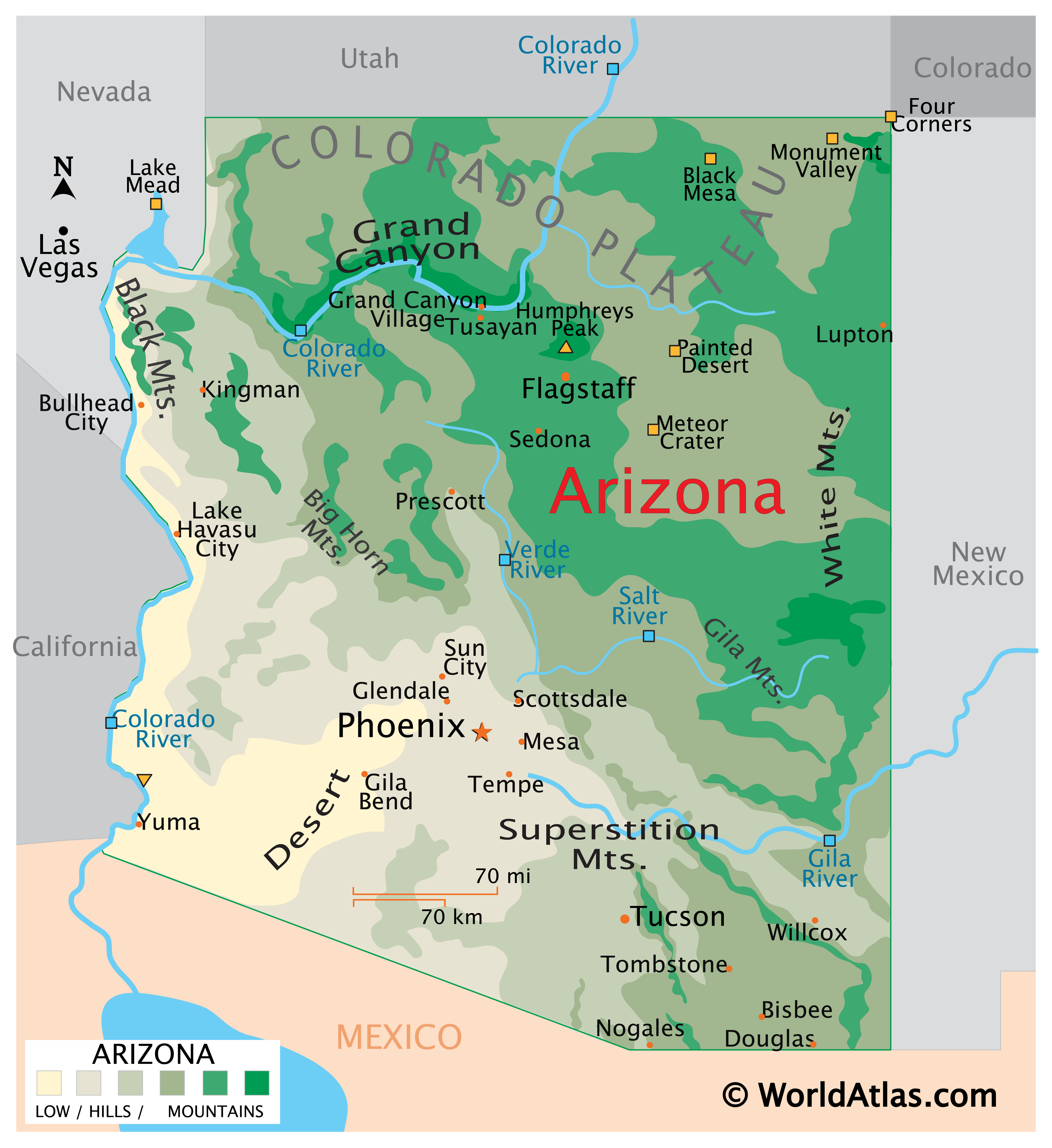 Arizona Topographic Map With Cities Arizona Map / Geography of Arizona/ Map of Arizona   Worldatlas.com