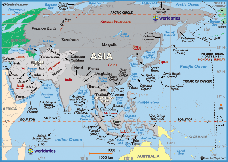 asia map with country names for kids