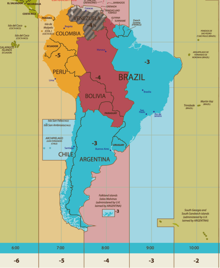 south america time zone map South America Time Zones south america time zone map
