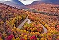 Aerial view of the Kancamagus Highway in New Hampshire in Autumn.