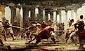 Gladiators fight in a coliseum, featured in a historic painting. Image credits DigitalAssetArt via Shutterstock