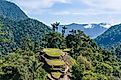 Panoramic view on the terraces of the Lost City (Ciudad Perdida) in the Sierra Nevada de Sante Marta, Magdalena, Colombia