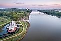 The Missouri River and Brownville Bridge in Brownville, Nebraska.