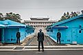 South Korean soldiers stand guard at the Demilitarized Zone on the North Korean border on April 9, 2016 in Panmunjeon, South Korea.