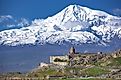 View of Khor Virap Armenian Monastery and Mount Ararat.