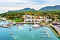 Aerial view of Bar Harbor, Maine, in autumn.