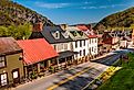 Historic buildings and shops on High Street in Harper's Ferry, West Virginia.