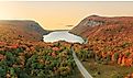 Epic aerial panorama of Lake Willoughby in Vermont at sunrise.