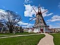 View of a rustic Danish windmill and walking path in the town of Elk Horn, Iowa.