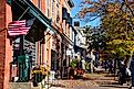 COLD SPRINGS, NEW YORK-OCTOBER 31, 2020: Sidewalk scene in Cold Springs, NY on a crisp Fall day.