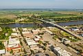 Aerial view over downtown city center of Atchison, Kansas in mid morning light.