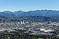 Aerial view of Downtown Glendale and San Gabriel Mountains in Los Angeles County, California. 