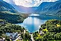 An aerial view of Bohinj Lake in the Julian Alps, Slovenia.