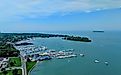 Aerial view of South Bass Island, including the harbor and town, as seen from Perry's Victory and International Peace Memorial in Put-in-Bay, Ohio. Editorial credit: LukeandKarla.Travel / Shutterstock.com