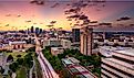 Aerial view of Kansas City, Missouri, skyline at dusk, viewed from Penn Valley Park. 