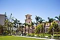 A wide shot of the Fowler School of Law building and the grassy quad or plaza area at Chapman University