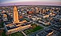 Aerial View of Downtown Lincoln, Nebraska at Twilight.