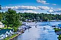 View of boats in Paugus Bay, in Weirs Beach, Laconia, New Hampshire.