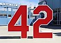 A monument commemorating Jackie Robinson's retired jersey number outside Dodger Stadium in Los Angeles. Editorial credit: Katherine Welles / Shutterstock.com