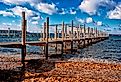 A dock on West Lake Okoboji during the fall.