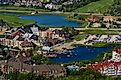 Resort buildings and ponds in Blue Mountain village in Collingwood, Ontario.