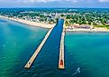 Aerial view of the South Haven Lighthouse on Lake Michigan; South Haven, Michigan