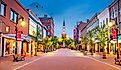 Burlington, Vermont, USA at Church Street Marketplace at twilight.