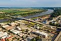 Aerial view over downtown city center of Atchison Kansas in the mid-morning light.