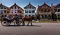 A carriage carries tourists past a row of Victorian "gingerbread" houses typical of Cape May, NJ. Editorial credit: Steve Rosenbach / Shutterstock.com