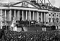 Black and white photo of the inauguration of Abraham Lincoln, March 4, 1861.