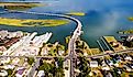 Chincoteague bridge across the Chincoteague Bay in Virginia and views of the waterfront.