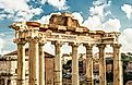 The ancient Temple of Saturn in the Roman Forum, Rome, Italy.