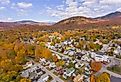 Aerial view with fall foliage in the town of Lincoln, New Hampshire 