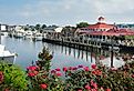 Lewes Canal with dock and restaurant, Delaware.