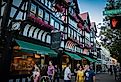 Shoppers and pedestrians near a Tudor-style building on Witherspoon Street in Princeton, New Jersey. Image credit Benjamin Clapp via Shutterstock