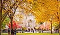 Beautiful fall colors outside Sterling Memorial Library at Yale University. Editorial credit: Winston Tan / Shutterstock.com