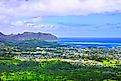 View of Kaneohe residential area, Kaneohe Bay, and the sandbar from the Nuuanu Pali observatory on Oahu, Hawaii.